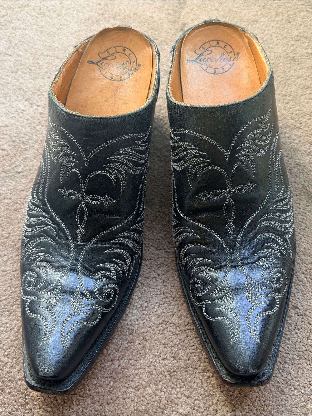Lucchese Black Leather Western Embroidered Mules Size 9